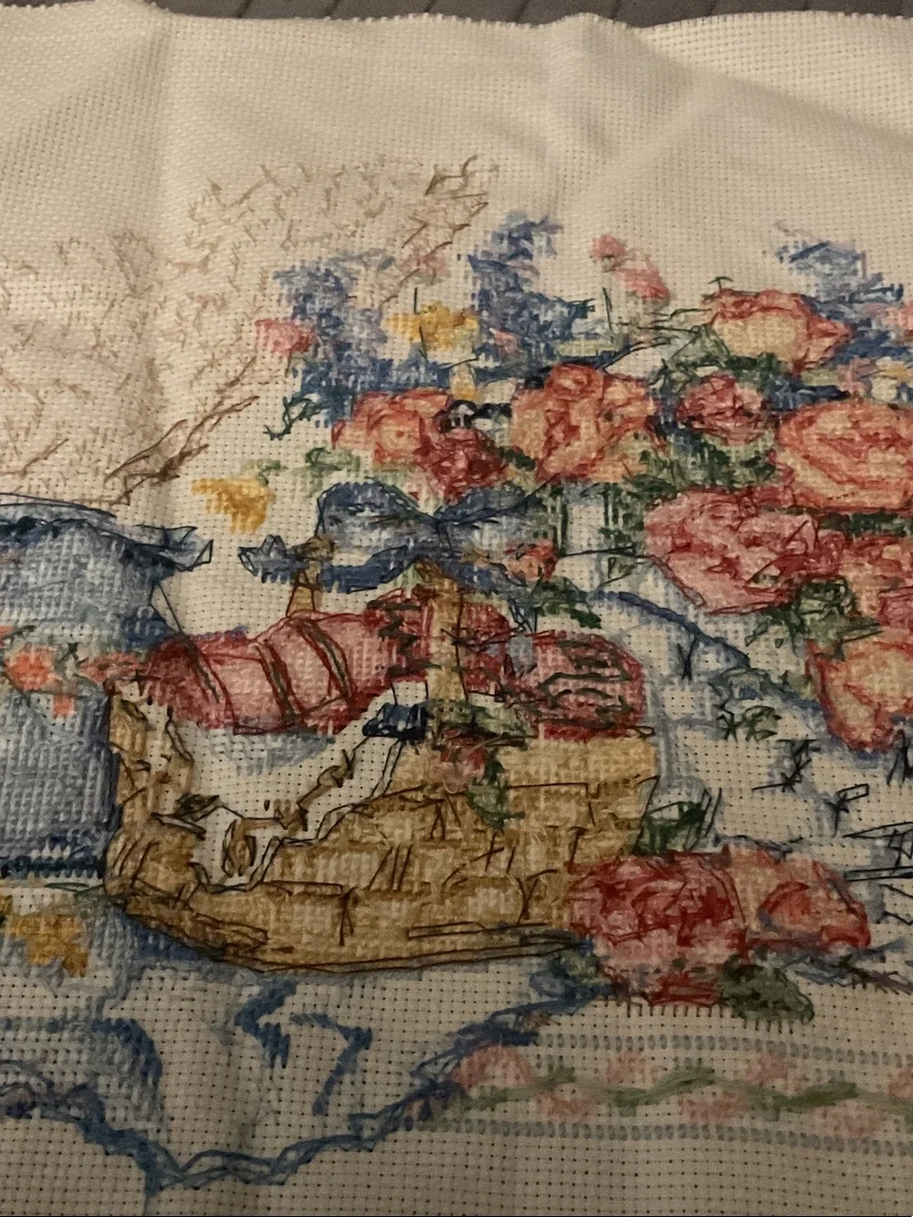 Hand-Embroidered Floral Still Life Cross-Stitch - Pink and Blue